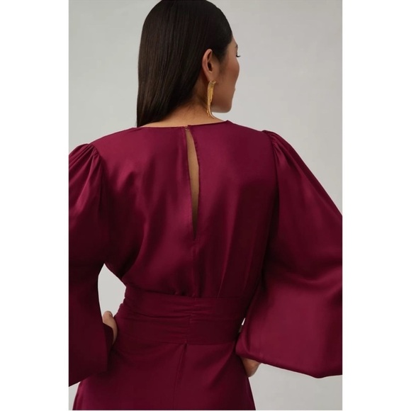 Anthropologie Farm Rio Bell Sleeve Romper V-neck Belt Beads Tassels Plum M NWT - Picture 2 of 7